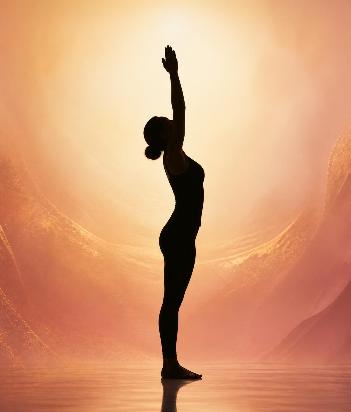 Silhouette in a yoga pose lit by warm golden light